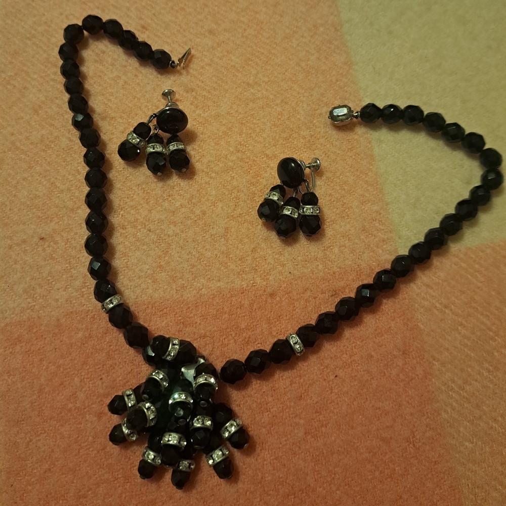 Vintage French JET Black Beaded Necklace and Earring Set 40's Era